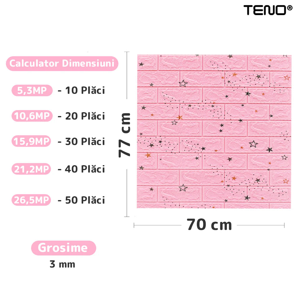 Tapet Caramida 3D autoadeziv, waterproof, 70x77 cm, Roz cu stelute