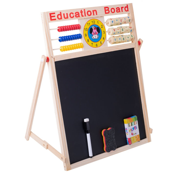 Tabla educationala 5 in 1 cu creta + Abacus + magneti, Lemn, 42 x 32,5 cm, 3 ani+