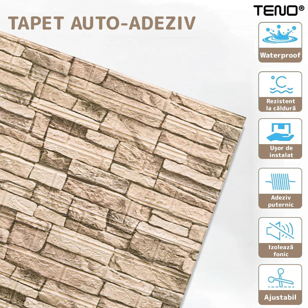 Tapet Caramida 3D autoadeziv, waterproof, model Piatra Naturala, 70x77 cm, crem