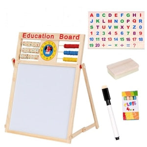 Tabla educationala 5 in 1 cu creta + Abacus + magneti, Lemn, 42 x 32,5 cm, 3 ani+