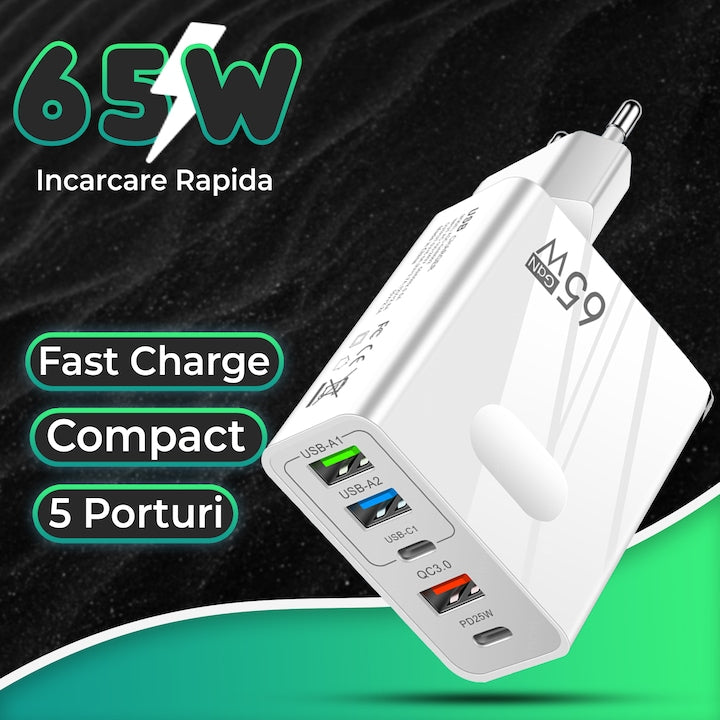 Incarcator Retea, 5 Porturi, 65W Fast Charge, 3 x USB, 2 x Type-C, QC 3.0, Universal Multiport, Compatibil telefon, smartwatch, iPhone, Huawei, Samsung, Xiaomi, Alb
