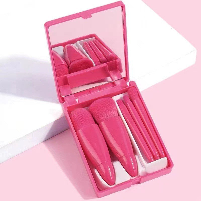 Set 5 Mini Pensule de Machiaj, Flippy, Portabile, in Carcasa cu Oglinda, din Par Sintetic Moale, Fucsia, 12x7x2.5 cm-1