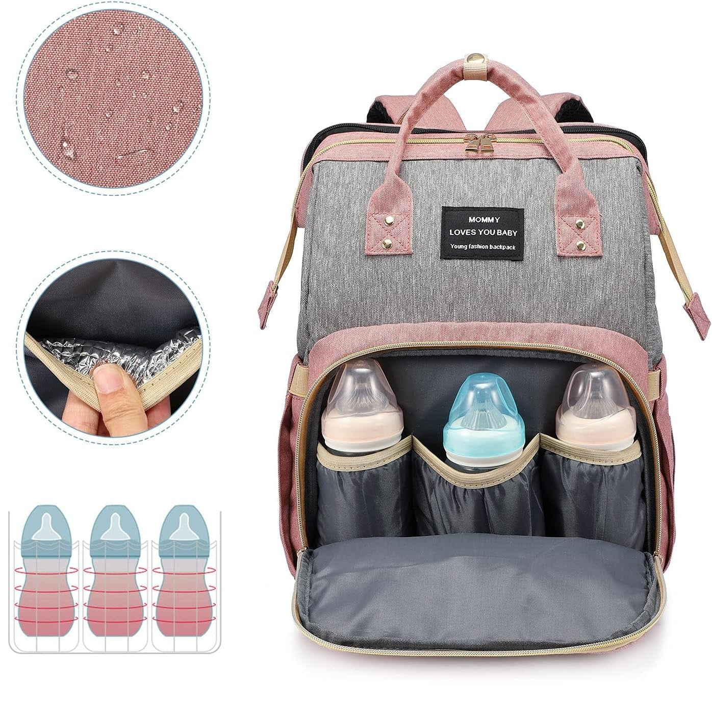 Rucsac Multifunctional pentru Mamici, Flippy, din Panza Oxford, Compartimentare Multipla, Impermeabil, 43 x 18 x 26 cm, Roz/Gri-3
