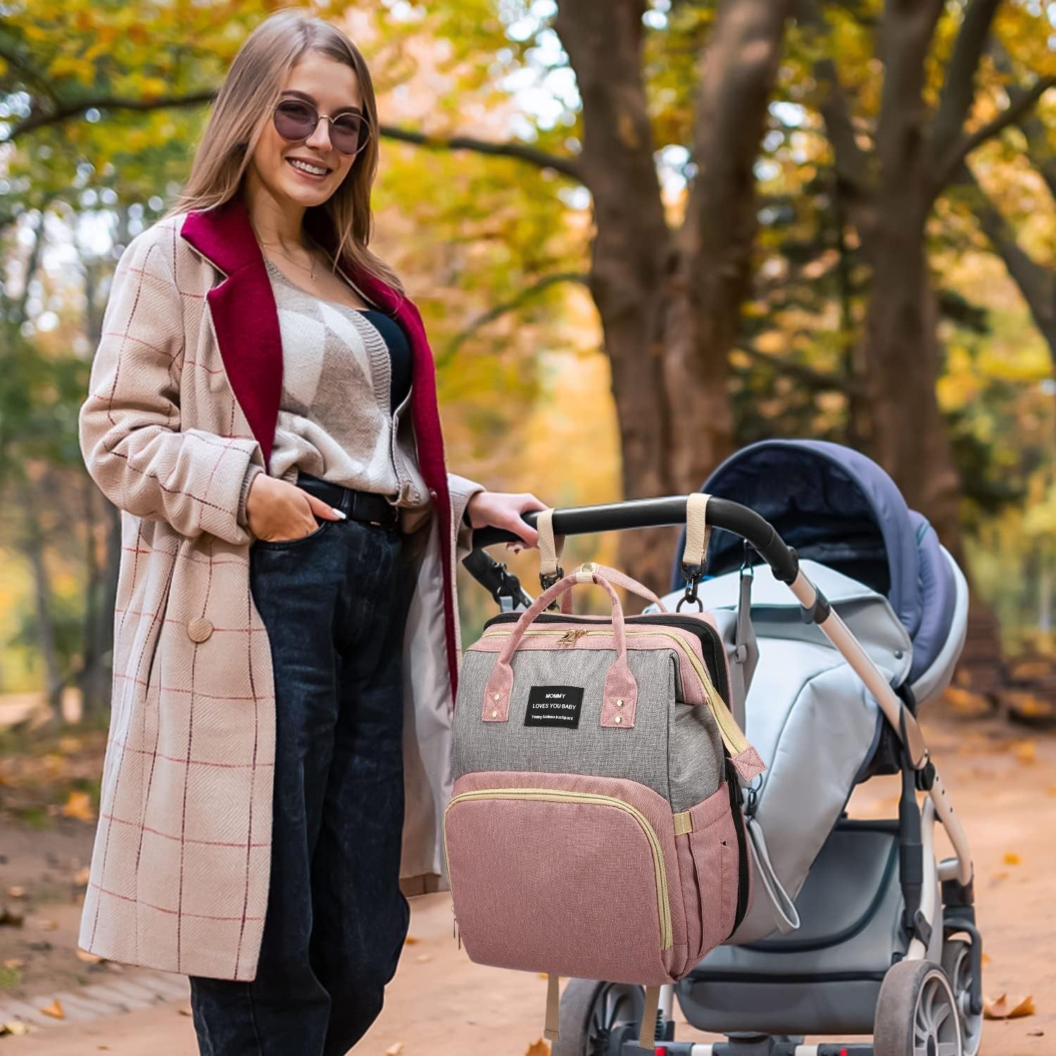 Rucsac Multifunctional pentru Mamici, Flippy, din Panza Oxford, Compartimentare Multipla, Impermeabil, 43 x 18 x 26 cm, Roz/Gri-4