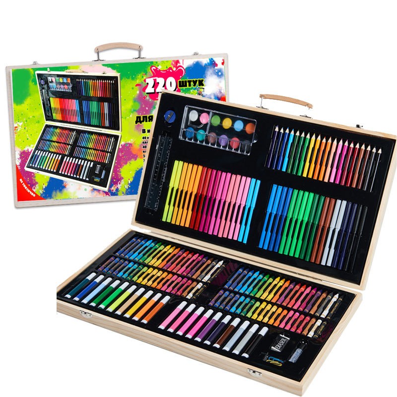 Set 220 Piese pentru Desen si Pictura, Flippy, Tip Servieta din Lemn, Model Natur, 48 x 30 x 5 cm, Multicolor-0