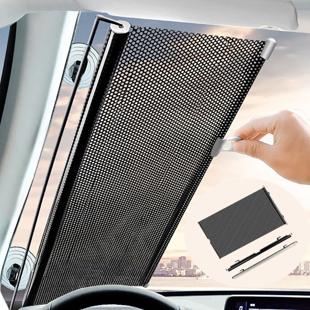 Parasolar auto cu ventuze, retractabil, negru, 68 cm x 125 cm, pentru parbriz sau geamuri laterale