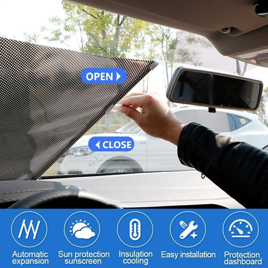 Parasolar auto cu ventuze, retractabil, negru, 68 cm x 125 cm, pentru parbriz sau geamuri laterale