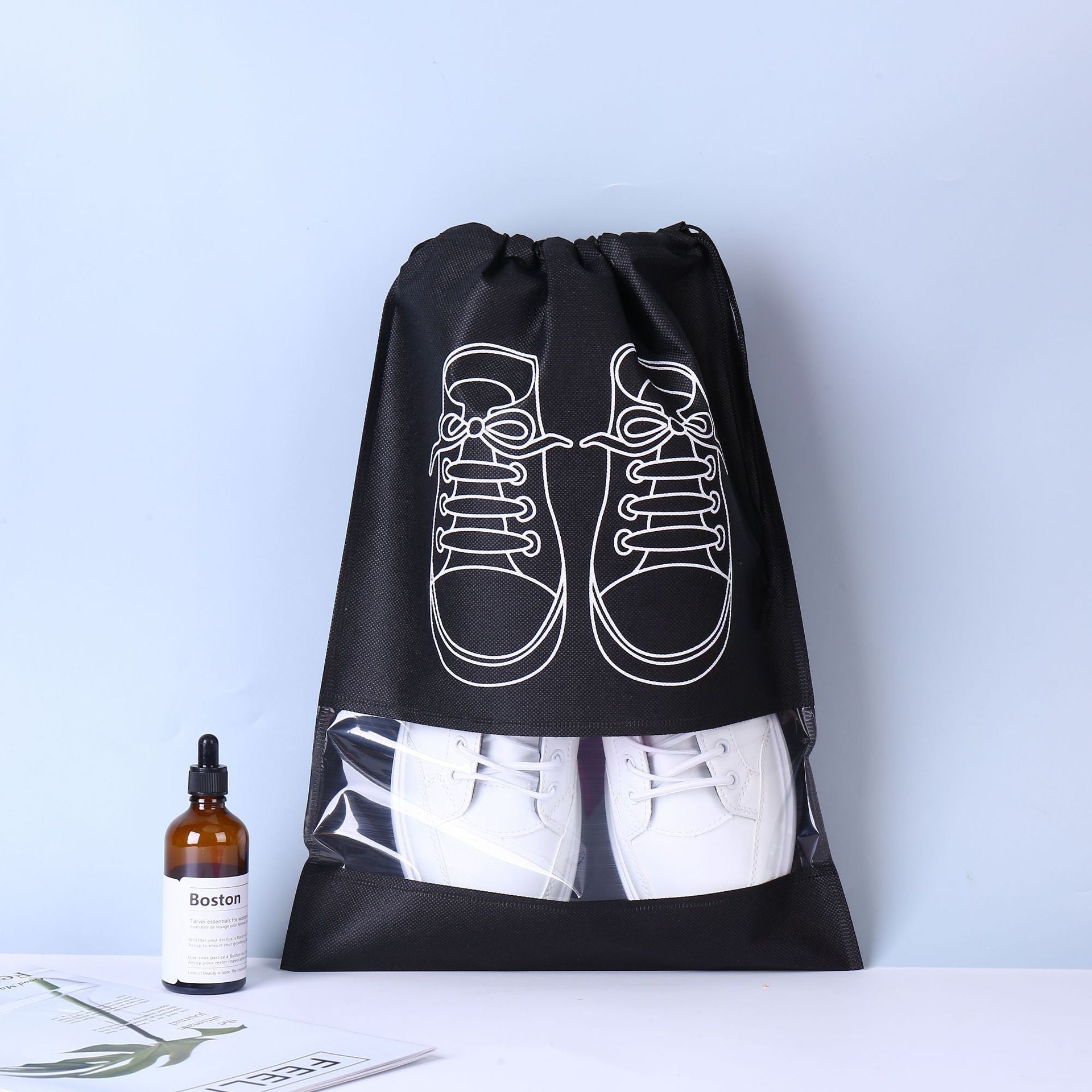 Sac depozitare incaltaminte, pentru voiaj sau depozitare, rezistent la praf, compatibil cu masina de spalat, 27 x 36 cm, negru-5