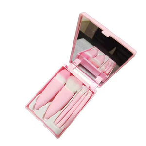 Set 5 Mini Pensule de Machiaj, Flippy, Portabile, in Carcasa cu Oglinda, din Par Sintetic Moale, Roz, 12x7x2.5 cm-0