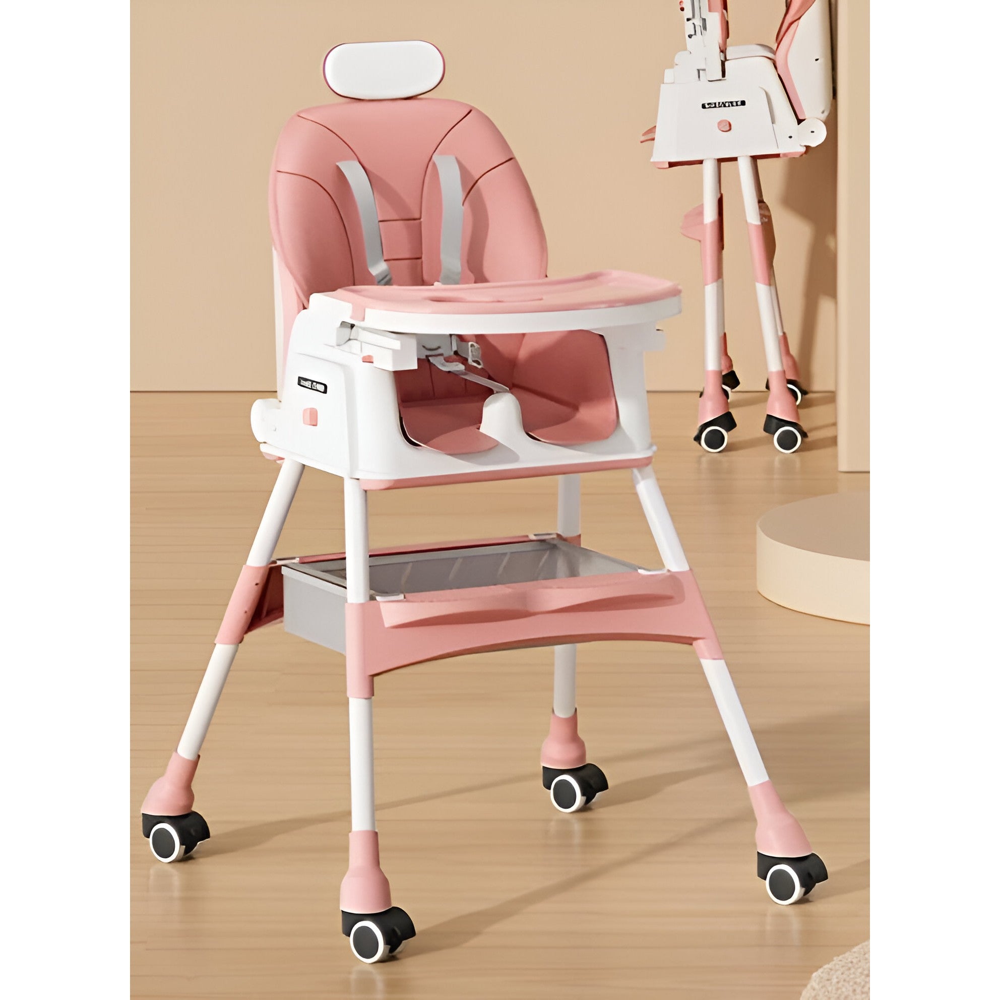 Scaun de Masa pentru Bebelusi si Copii Flippy, cu Roti, cu Tetiera, Telescopic, Pliabil, Masuta Reglabila, Suport Picioare, Scaun cu Invelis Piele Artificiala, Centura Siguranta, Spatiu Depozitare, 97 x 73 x 65 cm, Roz-4