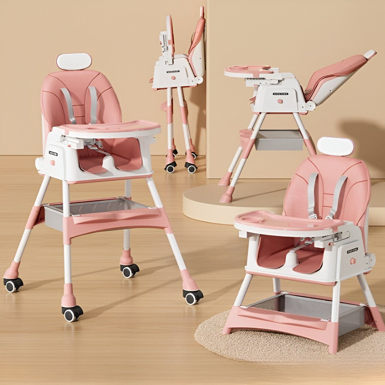 Scaun de Masa pentru Bebelusi si Copii Flippy, cu Roti, cu Tetiera, Telescopic, Pliabil, Masuta Reglabila, Suport Picioare, Scaun cu Invelis Piele Artificiala, Centura Siguranta, Spatiu Depozitare, 97 x 73 x 65 cm, Roz-5