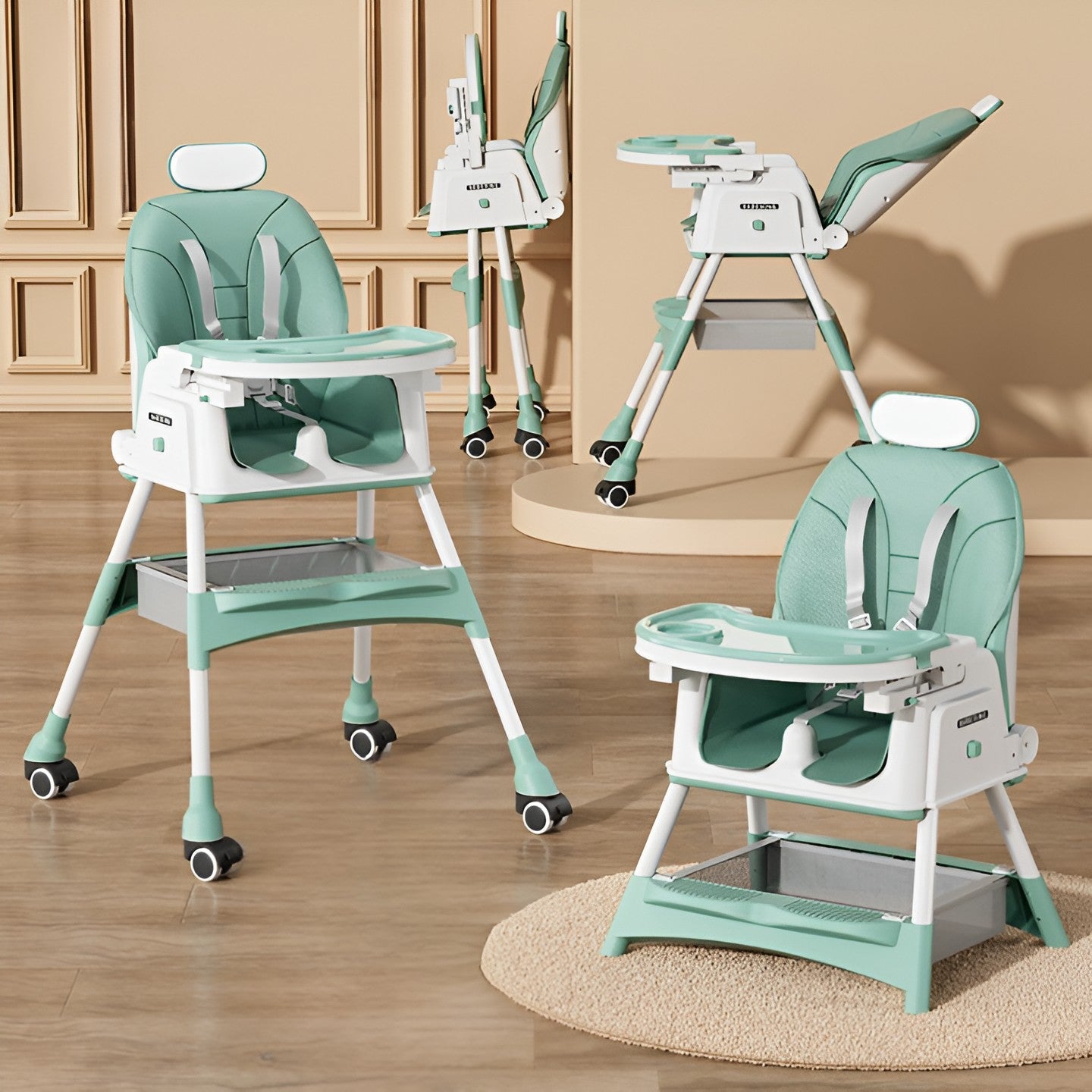 Scaun de Masa pentru Bebelusi si Copii Flippy, cu Roti, cu Tetiera, Telescopic, Pliabil, Masuta Reglabila, Suport Picioare, Scaun cu Invelis Piele Artificiala, Centura Siguranta, Spatiu Depozitare, 97 x 73 x 65 cm, Albastru-1