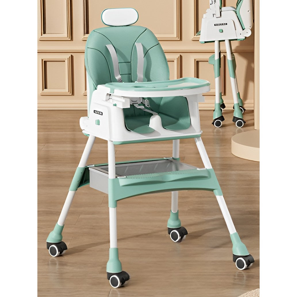 Scaun de Masa pentru Bebelusi si Copii Flippy, cu Roti, cu Tetiera, Telescopic, Pliabil, Masuta Reglabila, Suport Picioare, Scaun cu Invelis Piele Artificiala, Centura Siguranta, Spatiu Depozitare, 97 x 73 x 65 cm, Albastru-2