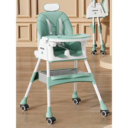 Scaun de Masa pentru Bebelusi si Copii Flippy, cu Roti, cu Tetiera, Telescopic, Pliabil, Masuta Reglabila, Suport Picioare, Scaun cu Invelis Piele Artificiala, Centura Siguranta, Spatiu Depozitare, 97 x 73 x 65 cm, Albastru-2