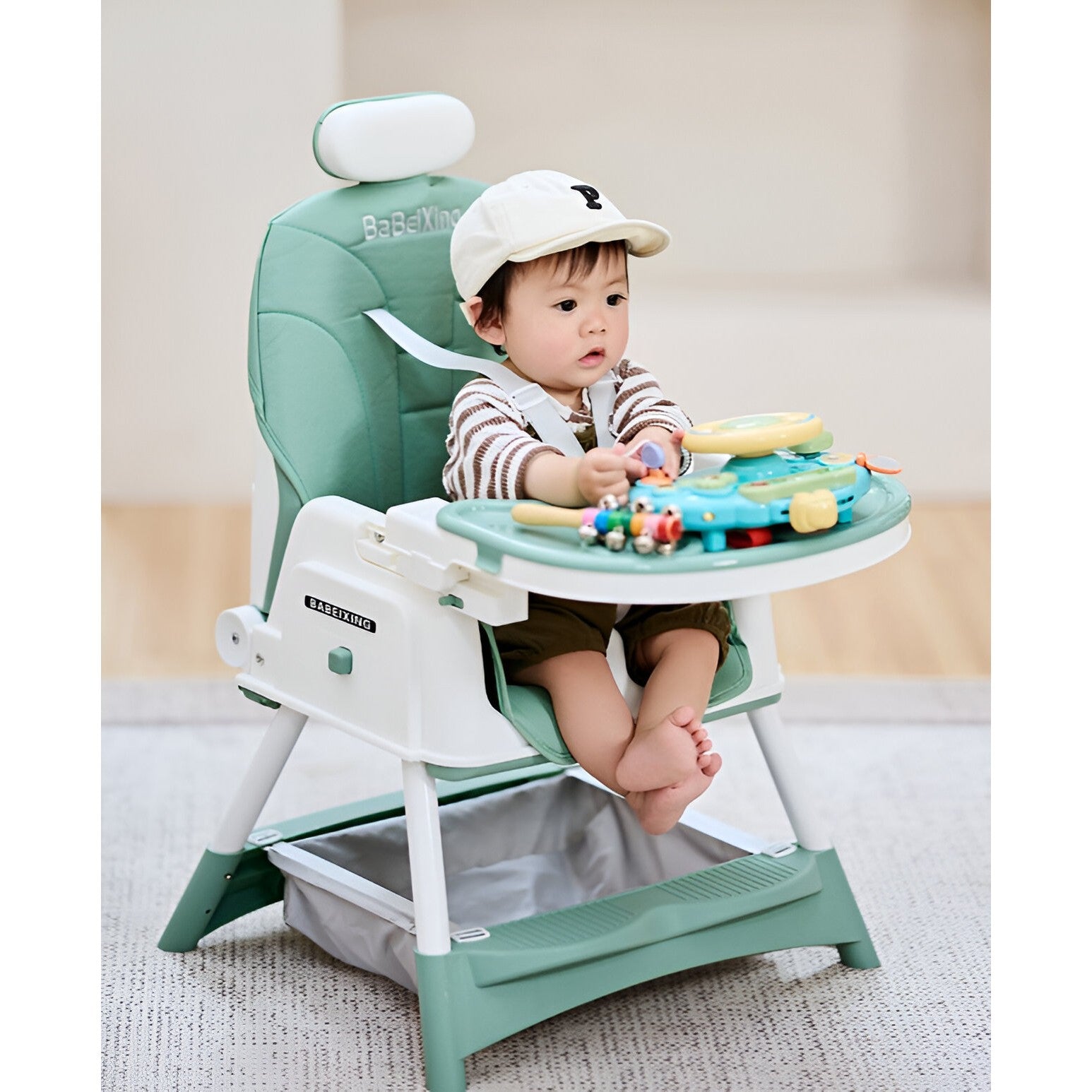 Scaun de Masa pentru Bebelusi si Copii Flippy, cu Roti, cu Tetiera, Telescopic, Pliabil, Masuta Reglabila, Suport Picioare, Scaun cu Invelis Piele Artificiala, Centura Siguranta, Spatiu Depozitare, 97 x 73 x 65 cm, Albastru-3