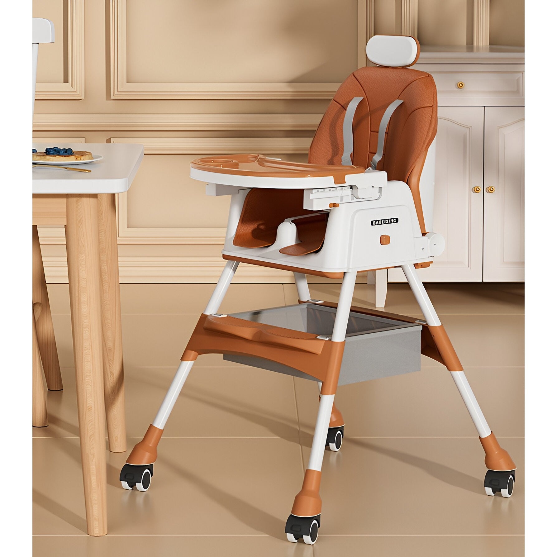 Scaun de Masa pentru Bebelusi si Copii Flippy, cu Roti, cu Tetiera, Telescopic, Pliabil, Masuta Reglabila, Suport Picioare, Scaun cu Invelis Piele Artificiala, Centura Siguranta, Spatiu Depozitare, 97 x 73 x 65 cm, Maro-1
