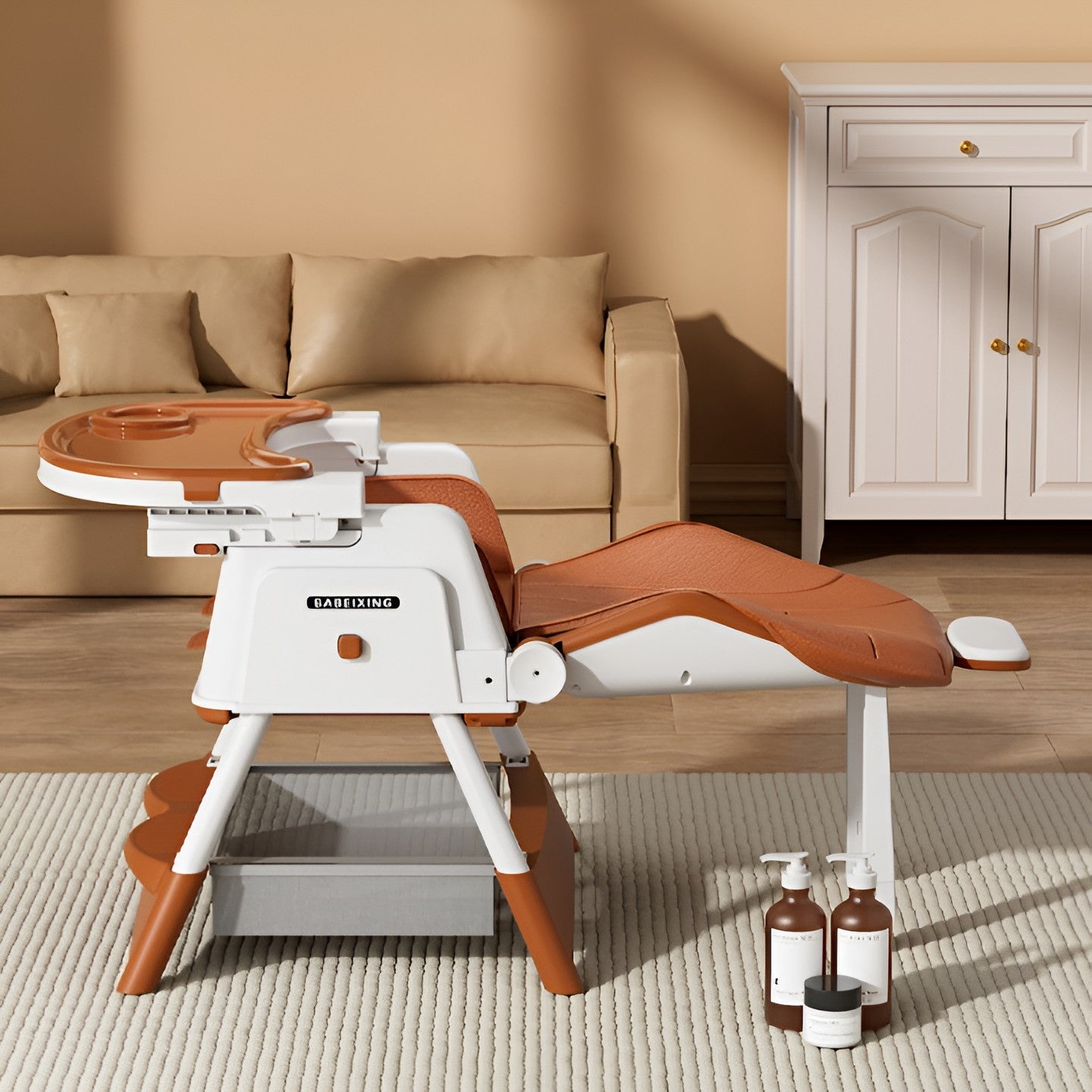 Scaun de Masa pentru Bebelusi si Copii Flippy, cu Roti, cu Tetiera, Telescopic, Pliabil, Masuta Reglabila, Suport Picioare, Scaun cu Invelis Piele Artificiala, Centura Siguranta, Spatiu Depozitare, 97 x 73 x 65 cm, Maro-2