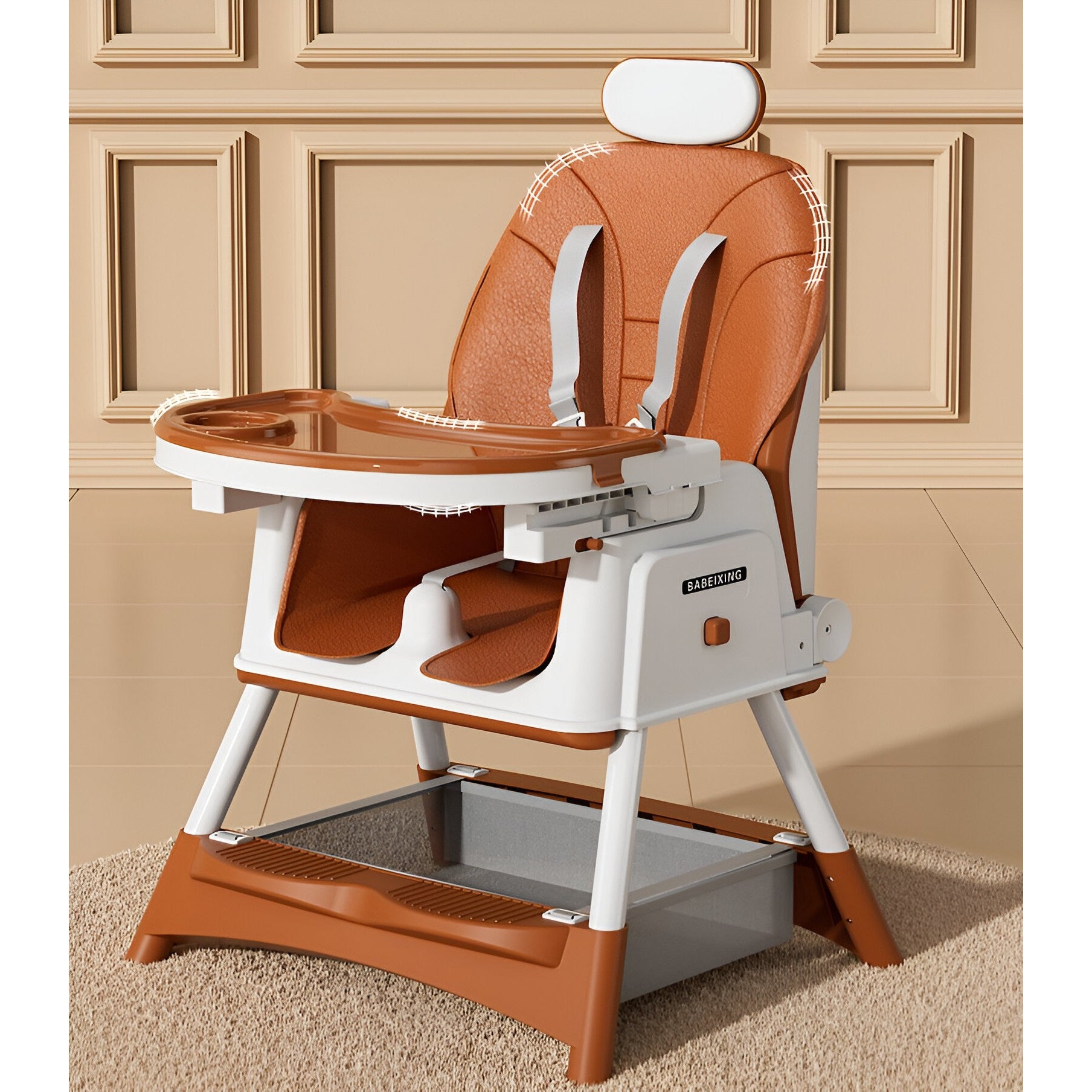 Scaun de Masa pentru Bebelusi si Copii Flippy, cu Roti, cu Tetiera, Telescopic, Pliabil, Masuta Reglabila, Suport Picioare, Scaun cu Invelis Piele Artificiala, Centura Siguranta, Spatiu Depozitare, 97 x 73 x 65 cm, Maro-4