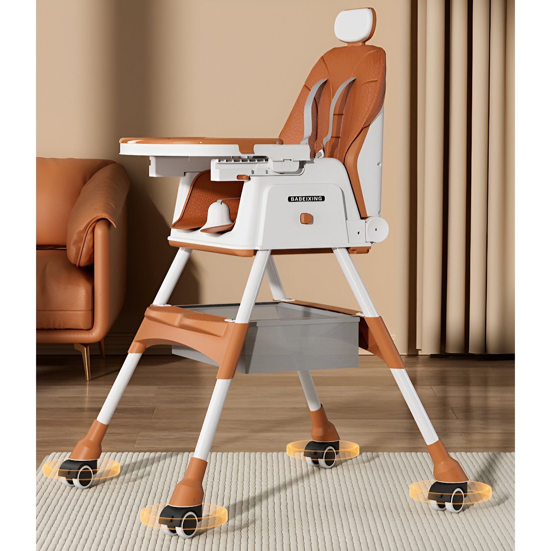 Scaun de Masa pentru Bebelusi si Copii Flippy, cu Roti, cu Tetiera, Telescopic, Pliabil, Masuta Reglabila, Suport Picioare, Scaun cu Invelis Piele Artificiala, Centura Siguranta, Spatiu Depozitare, 97 x 73 x 65 cm, Maro-5