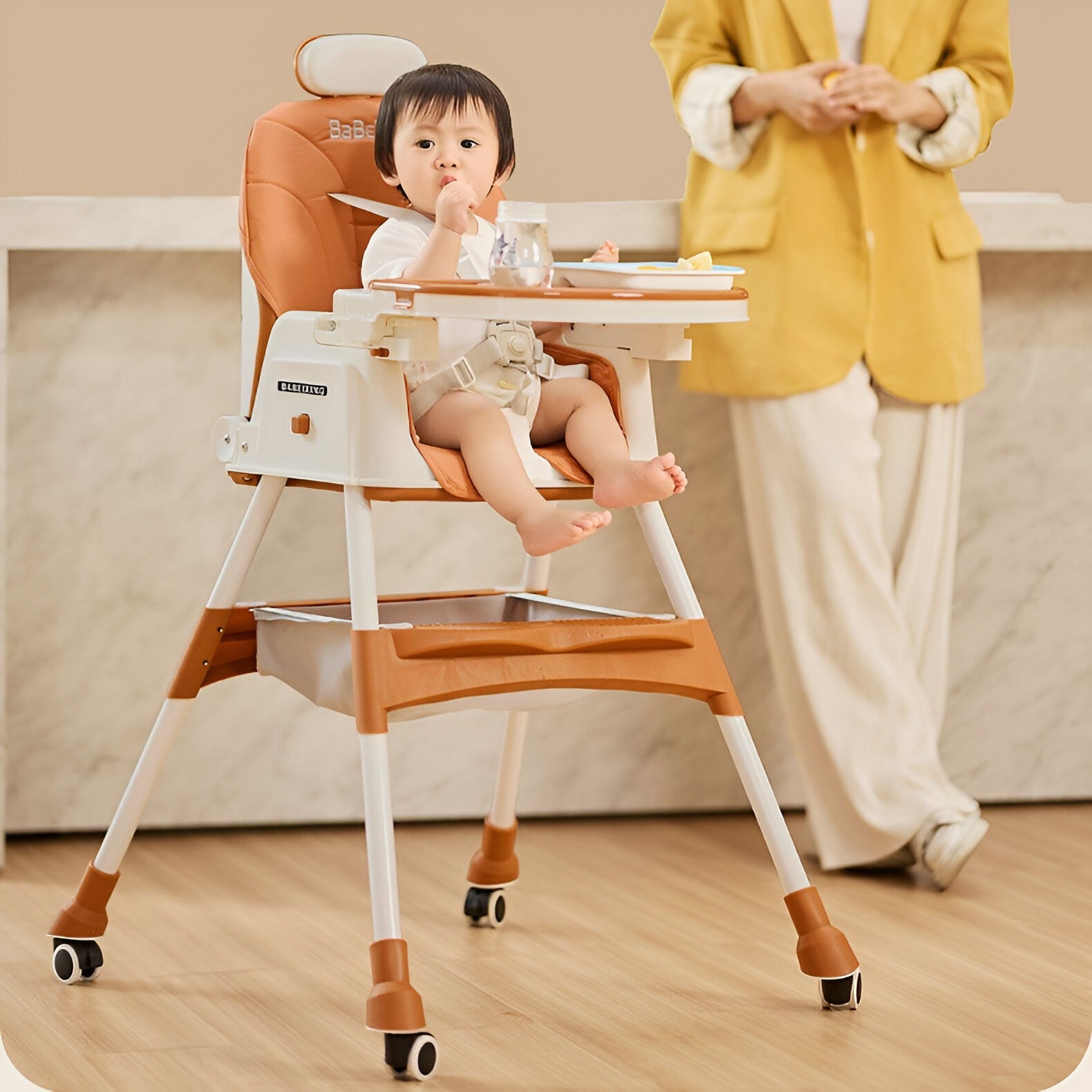 Scaun de Masa pentru Bebelusi si Copii Flippy, cu Roti, cu Tetiera, Telescopic, Pliabil, Masuta Reglabila, Suport Picioare, Scaun cu Invelis Piele Artificiala, Centura Siguranta, Spatiu Depozitare, 97 x 73 x 65 cm, Maro-7