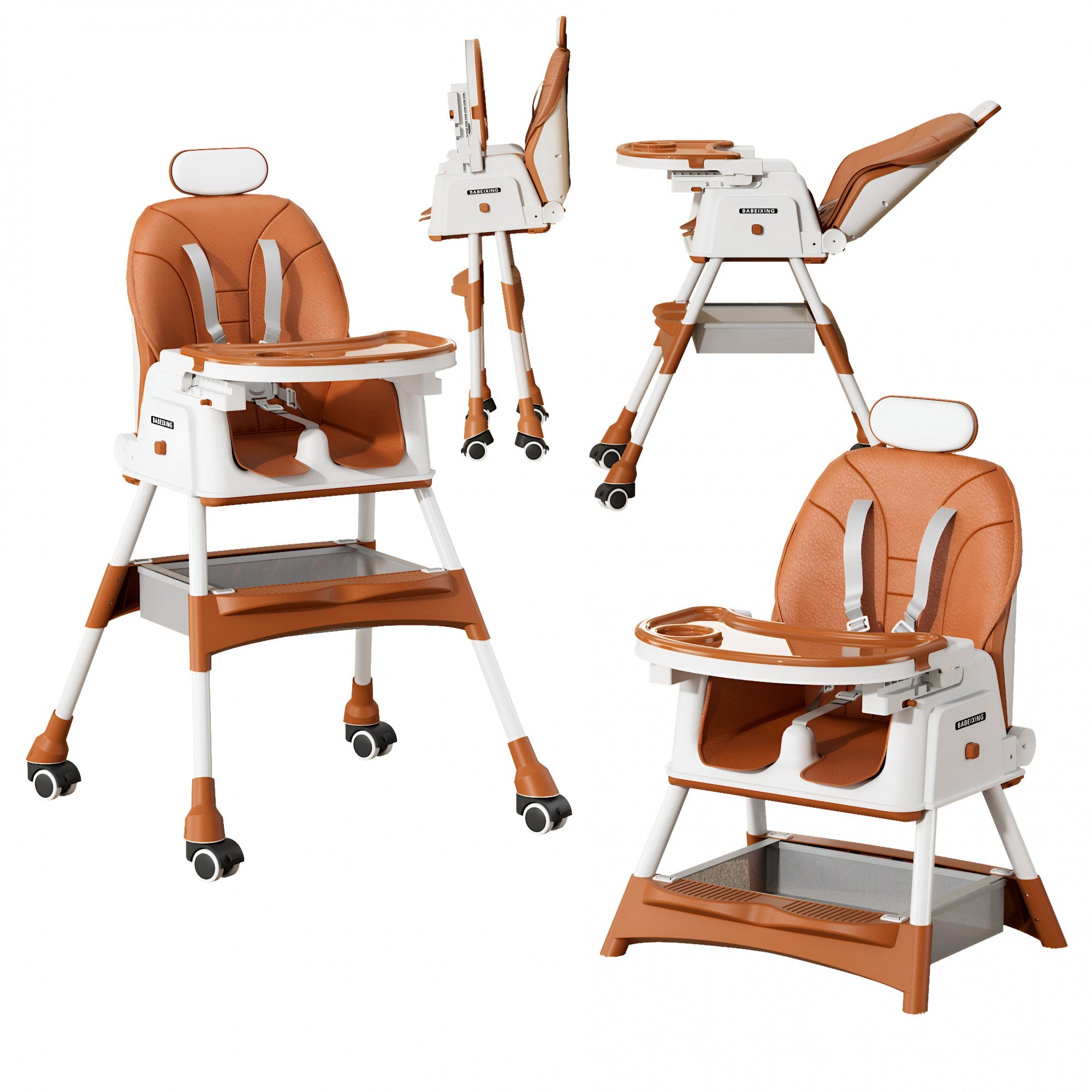 Scaun de Masa pentru Bebelusi si Copii Flippy, cu Roti, cu Tetiera, Telescopic, Pliabil, Masuta Reglabila, Suport Picioare, Scaun cu Invelis Piele Artificiala, Centura Siguranta, Spatiu Depozitare, 97 x 73 x 65 cm, Maro-8