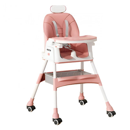 Scaun de Masa pentru Bebelusi si Copii Flippy, cu Roti, cu Tetiera, Telescopic, Pliabil, Masuta Reglabila, Suport Picioare, Scaun cu Invelis Piele Artificiala, Centura Siguranta, Spatiu Depozitare, 97 x 73 x 65 cm, Roz-0