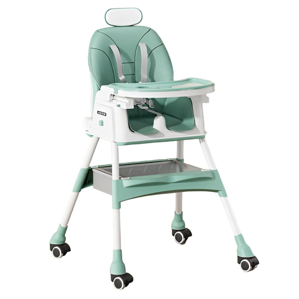 Scaun de Masa pentru Bebelusi si Copii Flippy, cu Roti, cu Tetiera, Telescopic, Pliabil, Masuta Reglabila, Suport Picioare, Scaun cu Invelis Piele Artificiala, Centura Siguranta, Spatiu Depozitare, 97 x 73 x 65 cm, Albastru-0