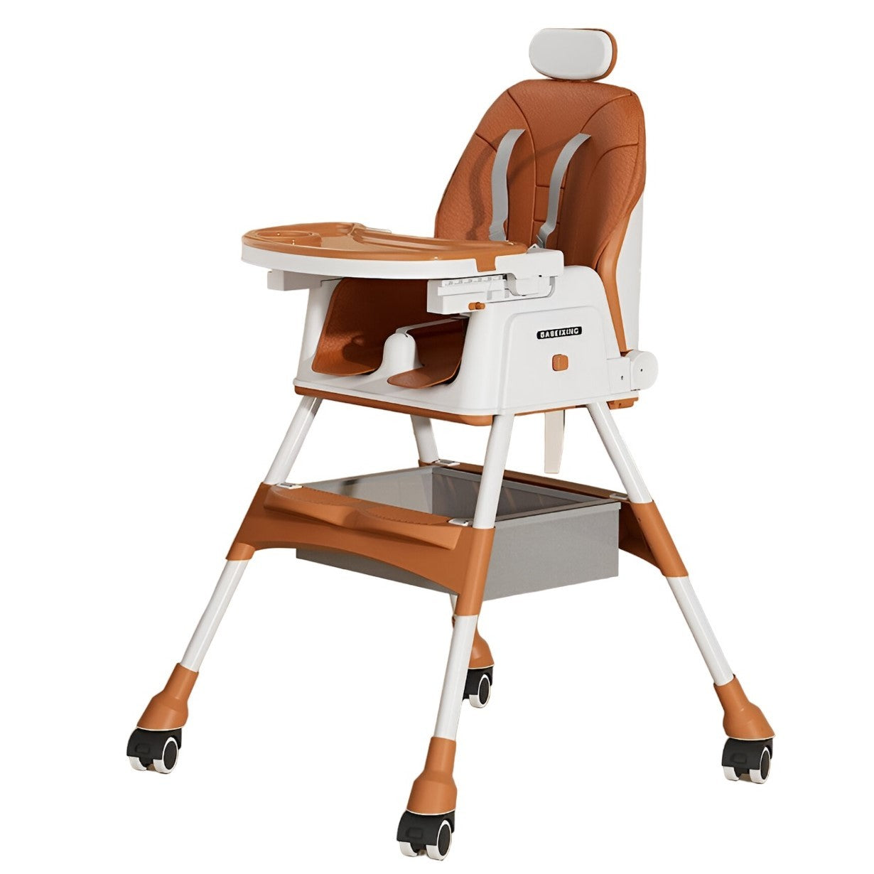 Scaun de Masa pentru Bebelusi si Copii Flippy, cu Roti, cu Tetiera, Telescopic, Pliabil, Masuta Reglabila, Suport Picioare, Scaun cu Invelis Piele Artificiala, Centura Siguranta, Spatiu Depozitare, 97 x 73 x 65 cm, Maro-0