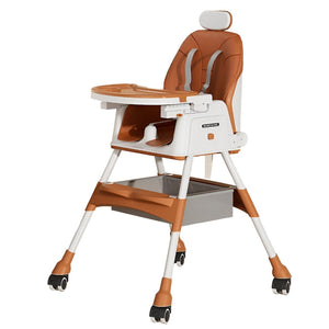 Scaun de Masa pentru Bebelusi si Copii Flippy, cu Roti, cu Tetiera, Telescopic, Pliabil, Masuta Reglabila, Suport Picioare, Scaun cu Invelis Piele Artificiala, Centura Siguranta, Spatiu Depozitare, 97 x 73 x 65 cm, Maro-0