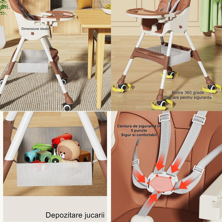 Scaun de masa pentru bebelusi si copii Flippy, cu roti, telescopic, pliabil, masuta reglabila, suport picioare, scaun invelis piele artificiala, centura siguranta, spatiu depozitare, 97 x 73 x 65 cm, maro-1