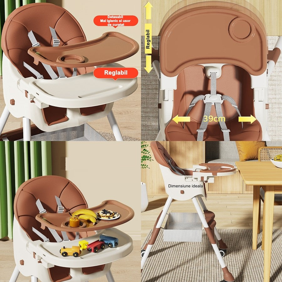 Scaun de masa pentru bebelusi si copii Flippy, cu roti, telescopic, pliabil, masuta reglabila, suport picioare, scaun invelis piele artificiala, centura siguranta, spatiu depozitare, 97 x 73 x 65 cm, maro-2