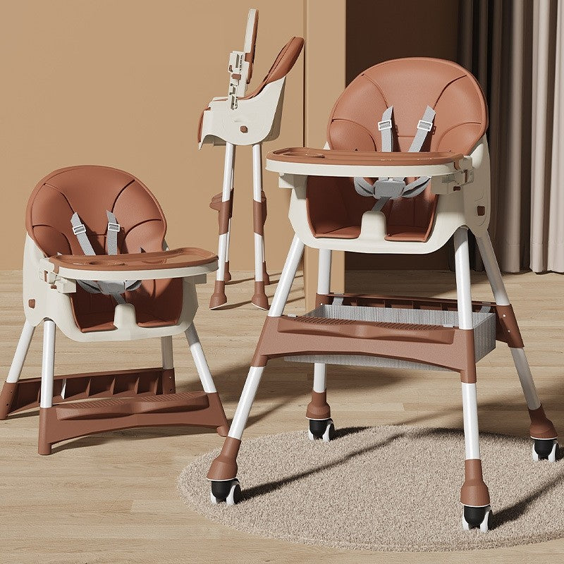 Scaun de masa pentru bebelusi si copii Flippy, cu roti, telescopic, pliabil, masuta reglabila, suport picioare, scaun invelis piele artificiala, centura siguranta, spatiu depozitare, 97 x 73 x 65 cm, maro-3