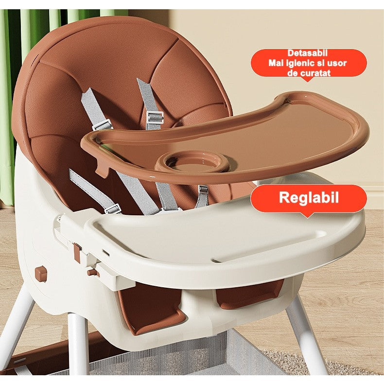 Scaun de masa pentru bebelusi si copii Flippy, cu roti, telescopic, pliabil, masuta reglabila, suport picioare, scaun invelis piele artificiala, centura siguranta, spatiu depozitare, 97 x 73 x 65 cm, maro-4
