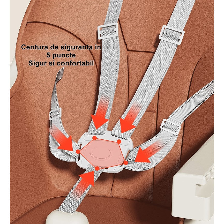 Scaun de masa pentru bebelusi si copii Flippy, cu roti, telescopic, pliabil, masuta reglabila, suport picioare, scaun invelis piele artificiala, centura siguranta, spatiu depozitare, 97 x 73 x 65 cm, maro-5