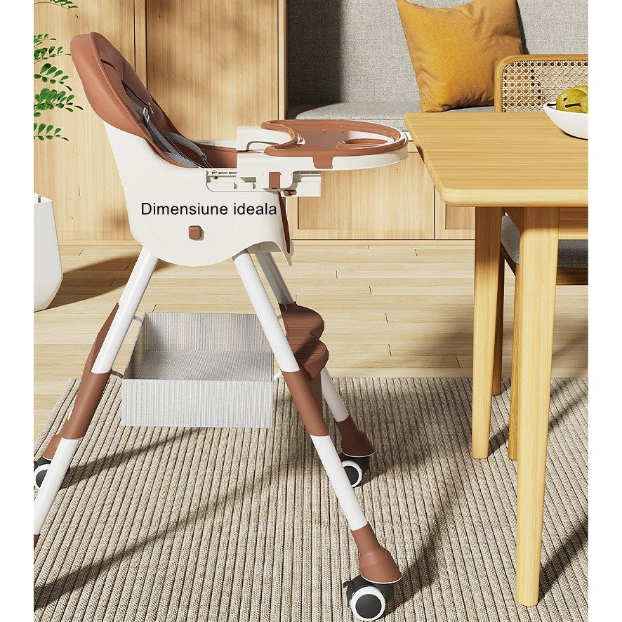 Scaun de masa pentru bebelusi si copii Flippy, cu roti, telescopic, pliabil, masuta reglabila, suport picioare, scaun invelis piele artificiala, centura siguranta, spatiu depozitare, 97 x 73 x 65 cm, maro-6