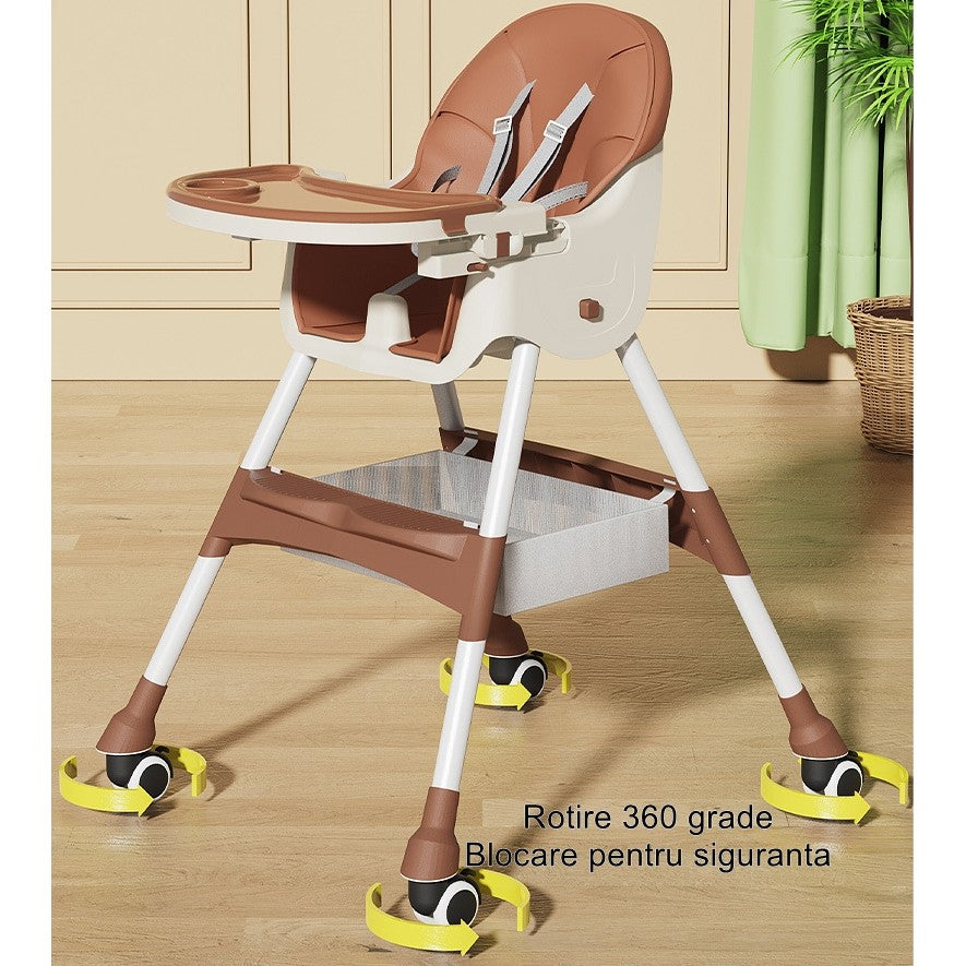 Scaun de masa pentru bebelusi si copii Flippy, cu roti, telescopic, pliabil, masuta reglabila, suport picioare, scaun invelis piele artificiala, centura siguranta, spatiu depozitare, 97 x 73 x 65 cm, maro-7