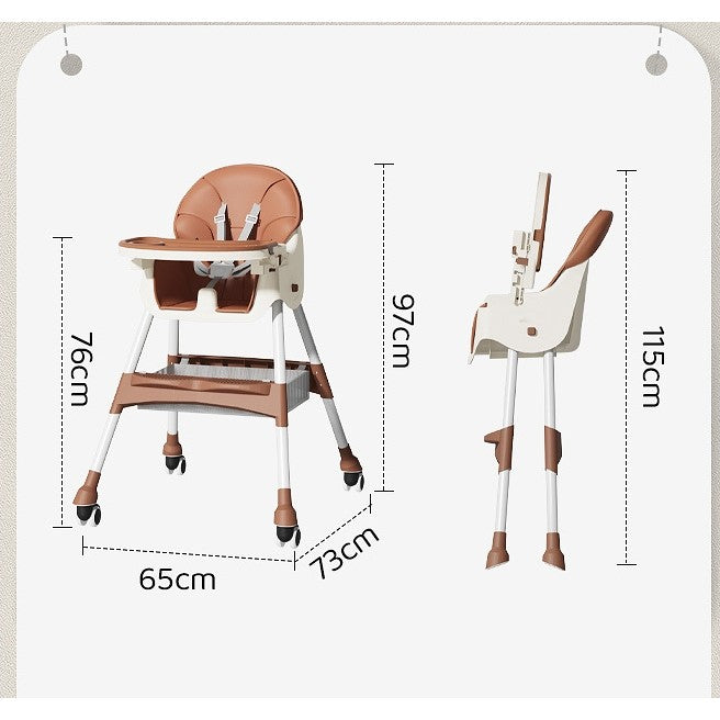 Scaun de masa pentru bebelusi si copii Flippy, cu roti, telescopic, pliabil, masuta reglabila, suport picioare, scaun invelis piele artificiala, centura siguranta, spatiu depozitare, 97 x 73 x 65 cm, maro-9