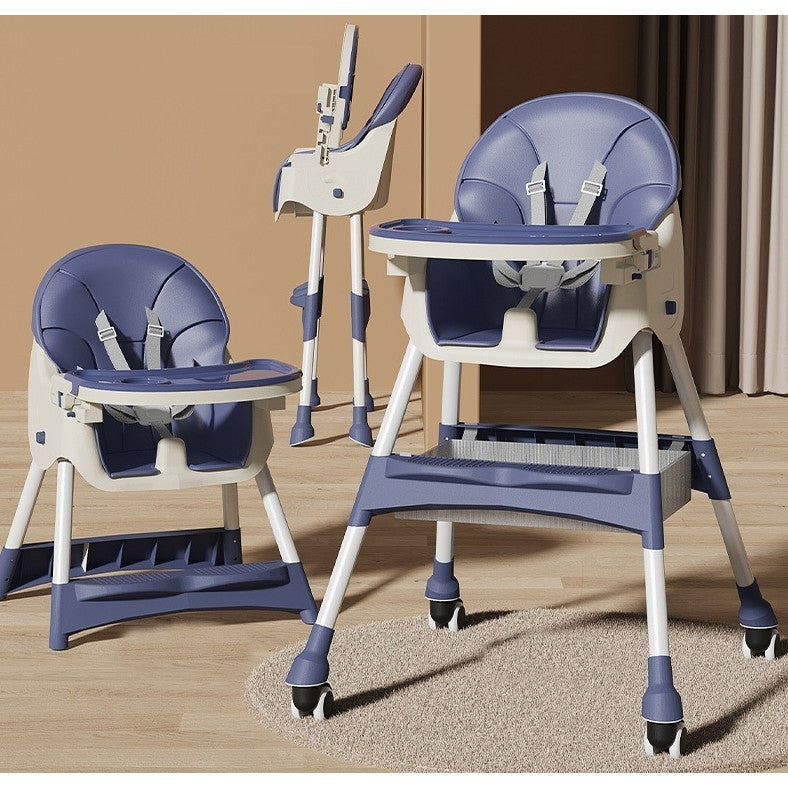 Scaun de Masa pentru Bebelusi si Copii, Flippy, cu Roti, Telescopic, Pliabil, Masuta Reglabila, Suport Picioare, Scaun cu Invelis Piele Artificiala, Centura Siguranta, Spatiu Depozitare, 97x73x65 cm, Albastru-1