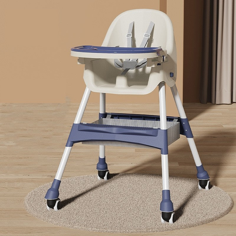 Scaun de Masa pentru Bebelusi si Copii, Flippy, cu Roti, Telescopic, Pliabil, Masuta Reglabila, Suport Picioare, Scaun cu Invelis Piele Artificiala, Centura Siguranta, Spatiu Depozitare, 97x73x65 cm, Albastru-2