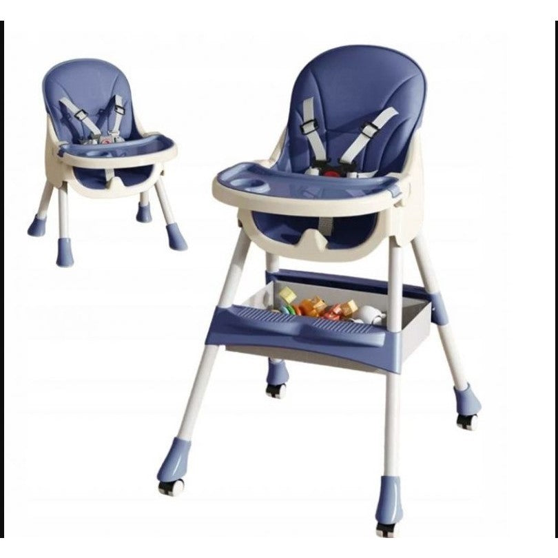 Scaun de Masa pentru Bebelusi si Copii, Flippy, cu Roti, Telescopic, Pliabil, Masuta Reglabila, Suport Picioare, Scaun cu Invelis Piele Artificiala, Centura Siguranta, Spatiu Depozitare, 97x73x65 cm, Albastru-3