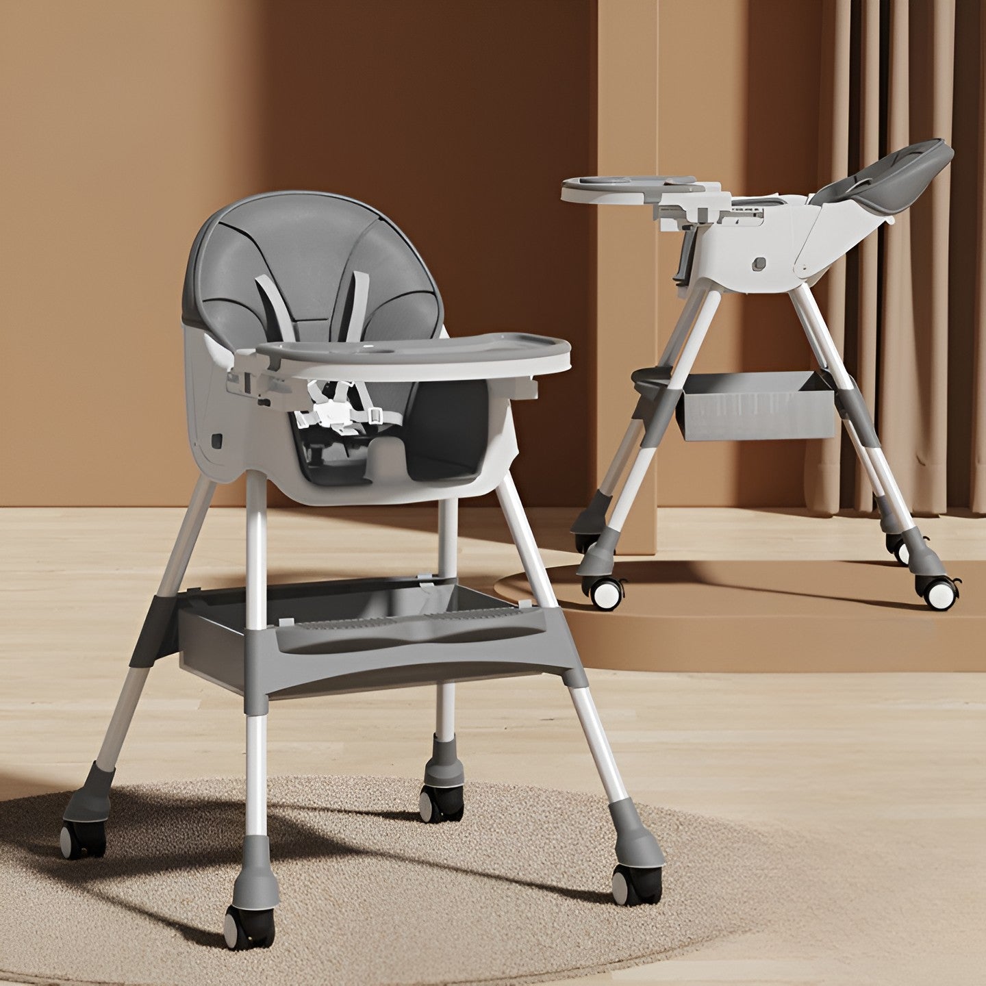 Scaun de Masa pentru Bebelusi si Copii, Flippy, cu Roti, Telescopic, Pliabil, Masuta Reglabila, Suport Picioare, Scaun cu Invelis Piele Artificiala, Centura Siguranta, Spatiu Depozitare, 97x73x65 cm, Gri-1