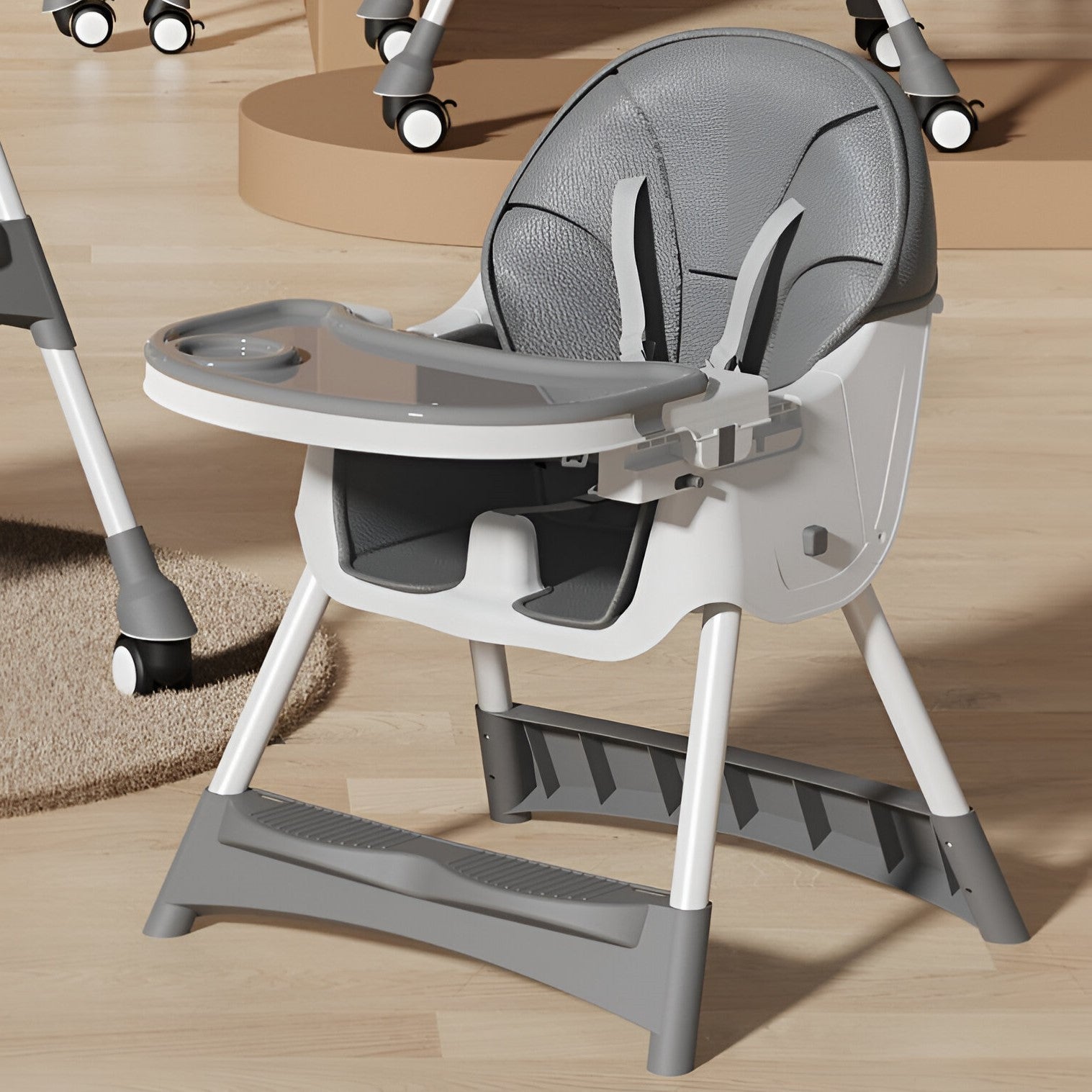 Scaun de Masa pentru Bebelusi si Copii, Flippy, cu Roti, Telescopic, Pliabil, Masuta Reglabila, Suport Picioare, Scaun cu Invelis Piele Artificiala, Centura Siguranta, Spatiu Depozitare, 97x73x65 cm, Gri-3