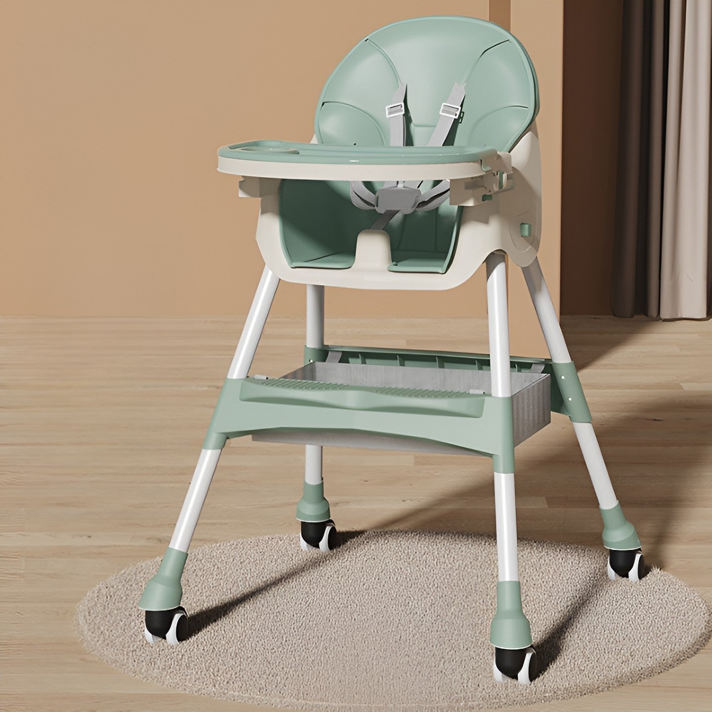 Scaun de Masa pentru Bebelusi si Copii, Flippy, cu Roti, Telescopic, Pliabil, Masuta Reglabila, Suport Picioare, Scaun cu Invelis Piele Artificiala, Centura Siguranta, Spatiu Depozitare, 97x73x65 cm, Verde-1
