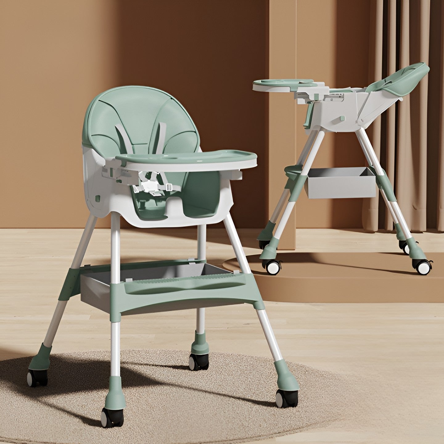 Scaun de Masa pentru Bebelusi si Copii, Flippy, cu Roti, Telescopic, Pliabil, Masuta Reglabila, Suport Picioare, Scaun cu Invelis Piele Artificiala, Centura Siguranta, Spatiu Depozitare, 97x73x65 cm, Verde-2