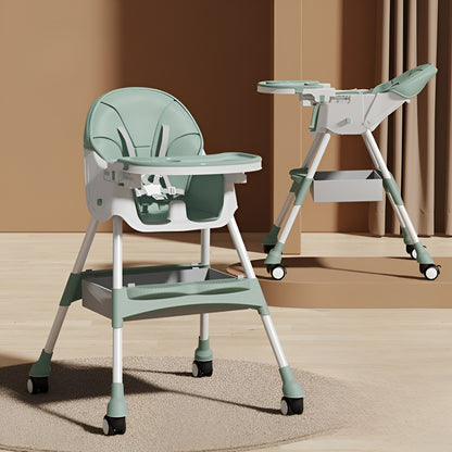 Scaun de Masa pentru Bebelusi si Copii, Flippy, cu Roti, Telescopic, Pliabil, Masuta Reglabila, Suport Picioare, Scaun cu Invelis Piele Artificiala, Centura Siguranta, Spatiu Depozitare, 97x73x65 cm, Verde-2
