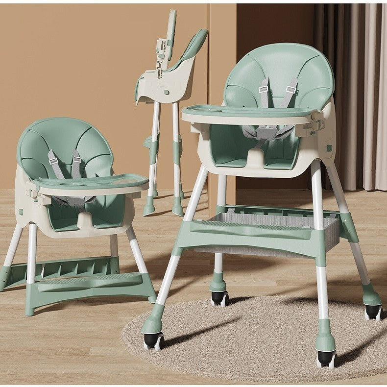 Scaun de Masa pentru Bebelusi si Copii, Flippy, cu Roti, Telescopic, Pliabil, Masuta Reglabila, Suport Picioare, Scaun cu Invelis Piele Artificiala, Centura Siguranta, Spatiu Depozitare, 97x73x65 cm, Verde-3