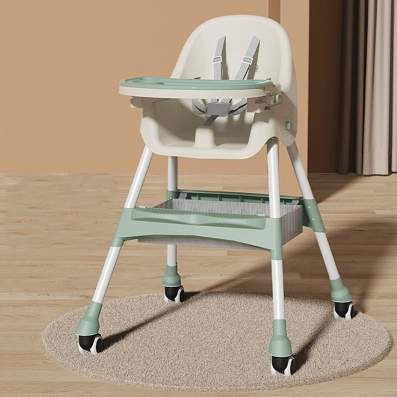 Scaun de Masa pentru Bebelusi si Copii, Flippy, cu Roti, Telescopic, Pliabil, Masuta Reglabila, Suport Picioare, Scaun cu Invelis Piele Artificiala, Centura Siguranta, Spatiu Depozitare, 97x73x65 cm, Verde-4