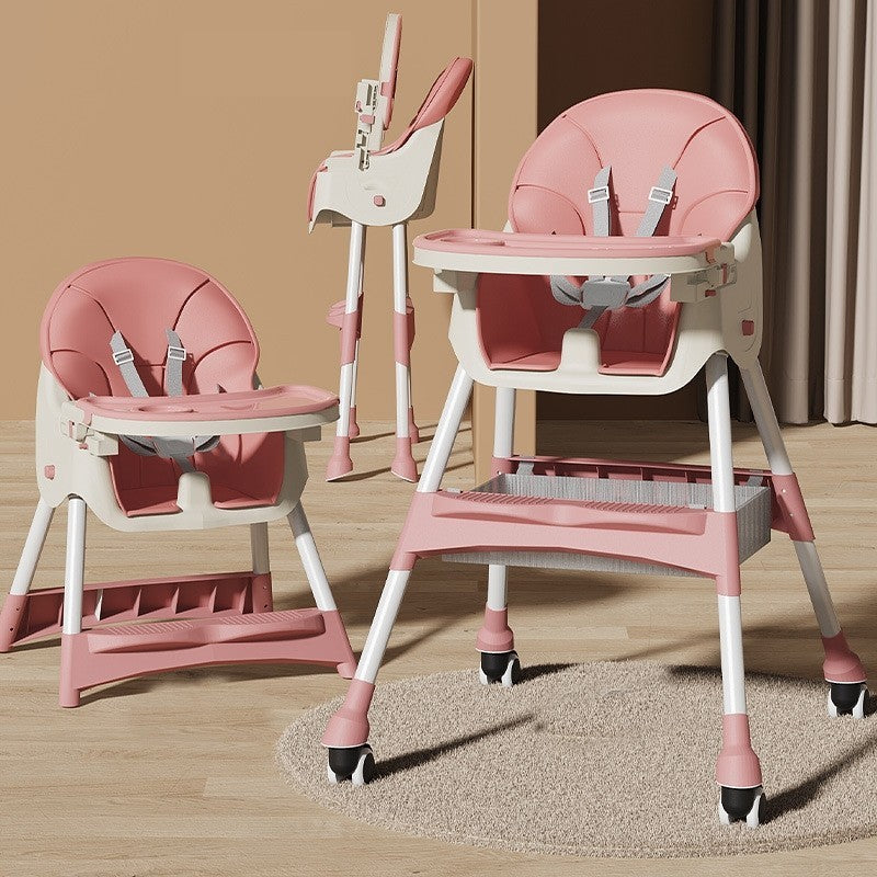 Scaun de Masa pentru Bebelusi si Copii, Flippy, cu Roti, Telescopic, Pliabil, Masuta Reglabila, Suport Picioare, Scaun cu Invelis Piele Artificiala, Centura Siguranta, Spatiu Depozitare, 97x73x65 cm, Roz-4