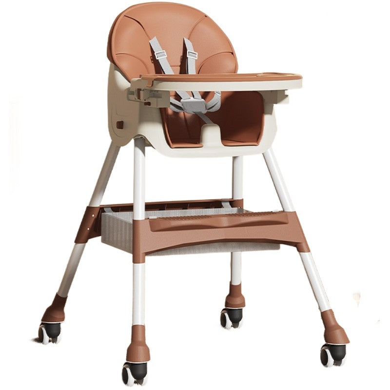 Scaun de masa pentru bebelusi si copii Flippy, cu roti, telescopic, pliabil, masuta reglabila, suport picioare, scaun invelis piele artificiala, centura siguranta, spatiu depozitare, 97 x 73 x 65 cm, maro-0