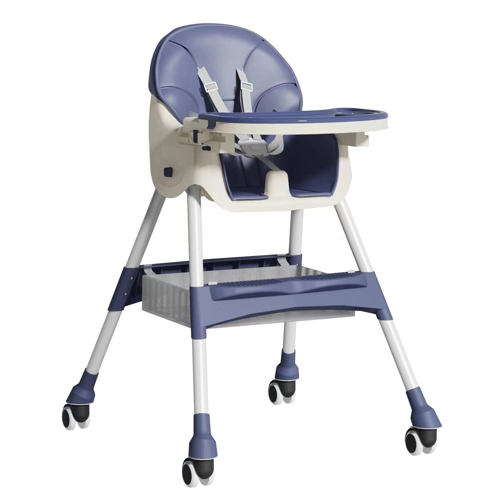 Scaun de Masa pentru Bebelusi si Copii, Flippy, cu Roti, Telescopic, Pliabil, Masuta Reglabila, Suport Picioare, Scaun cu Invelis Piele Artificiala, Centura Siguranta, Spatiu Depozitare, 97x73x65 cm, Albastru-0